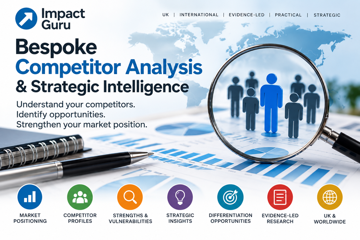 Impact Guru Bespoke Competitor Analysis and Strategic Intelligence service, featuring competitor research, market positioning, strategic insights, evidence-led analysis and UK and international coverage.