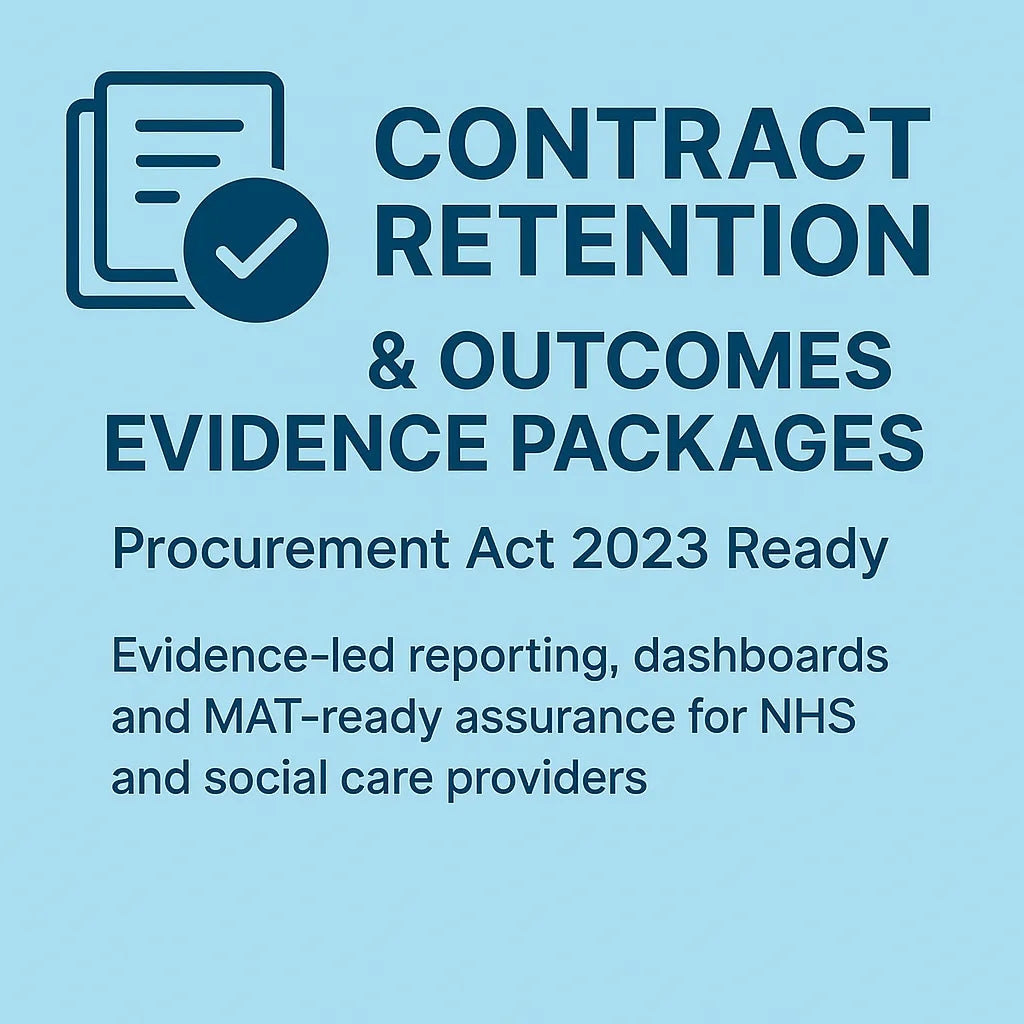 Promotional graphic for contract retention and outcomes evidence packages on a blue background.
