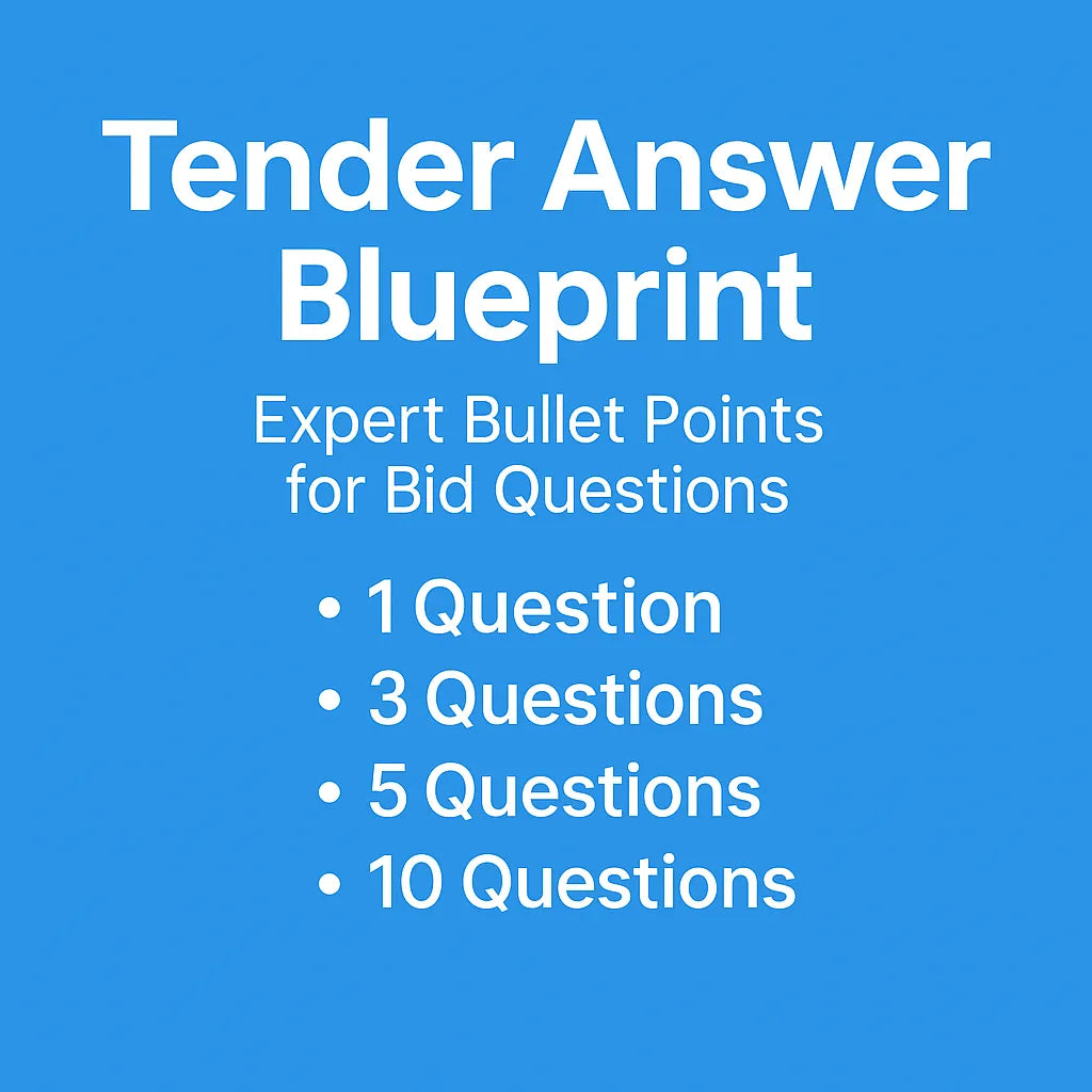 Blue background with 'Tender Answer Blueprint' text and list of question counts.