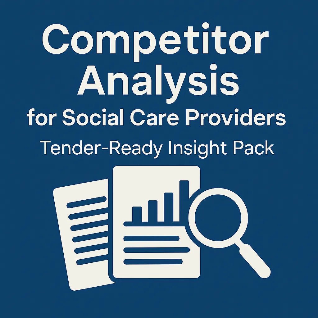 Competitor Analysis insight pack graphic showing documents, bar chart and magnifying glass for social care providers.