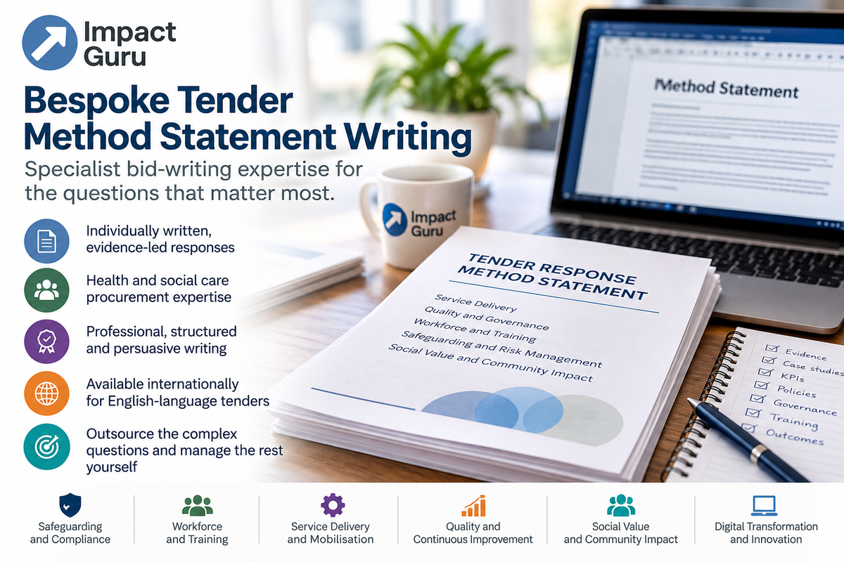 Promotional graphic for Impact Guru Bespoke Tender Method Statement Writing, showing a laptop with a document page, a notebook, a coffee mug with the Impact Guru logo, and a stack of papers labeled 'TENDER RESPONSE METHOD STATEMENT' on a desk. The left side contains descriptive text and feature icons, and the bottom has a row of feature badges.