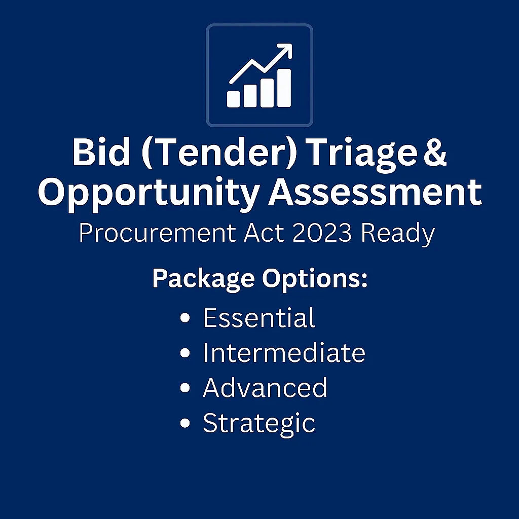 Bid Tender Triage and Opportunity Assessment graphic showing package options: Essential, Intermediate, Advanced, Strategic.