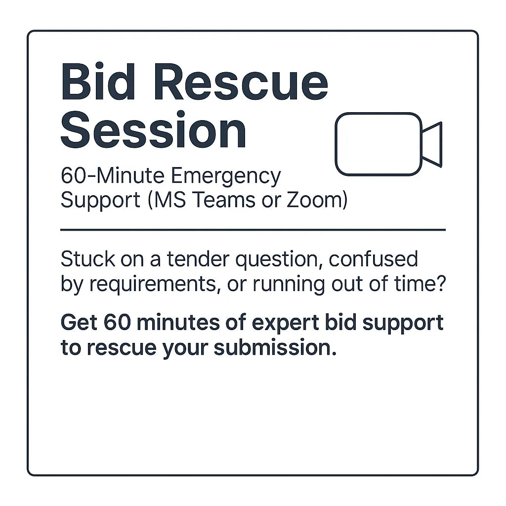 Advertisement for 'Bid Rescue Session' with text and a video camera icon on a white background.