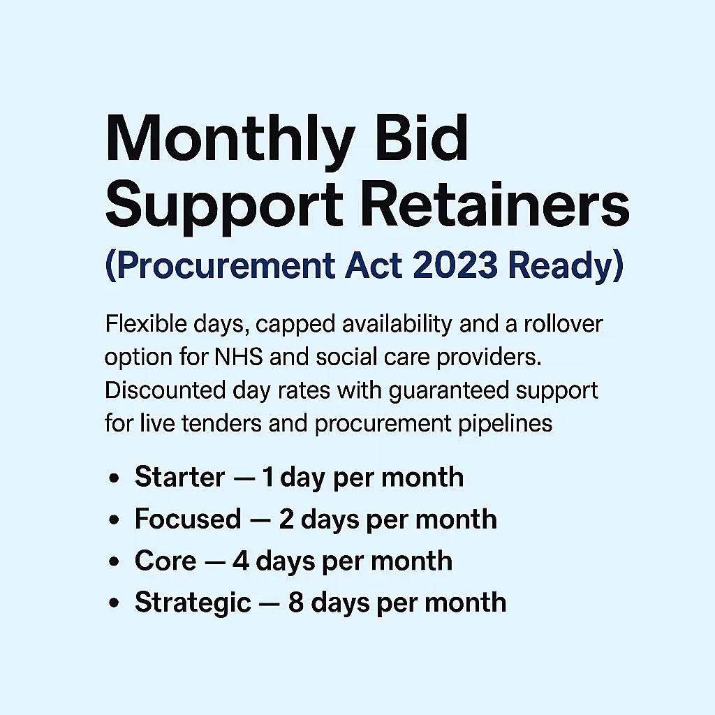 Text detailing monthly bid support retainers for NHS and social care providers, Procurement Act 2023 ready.