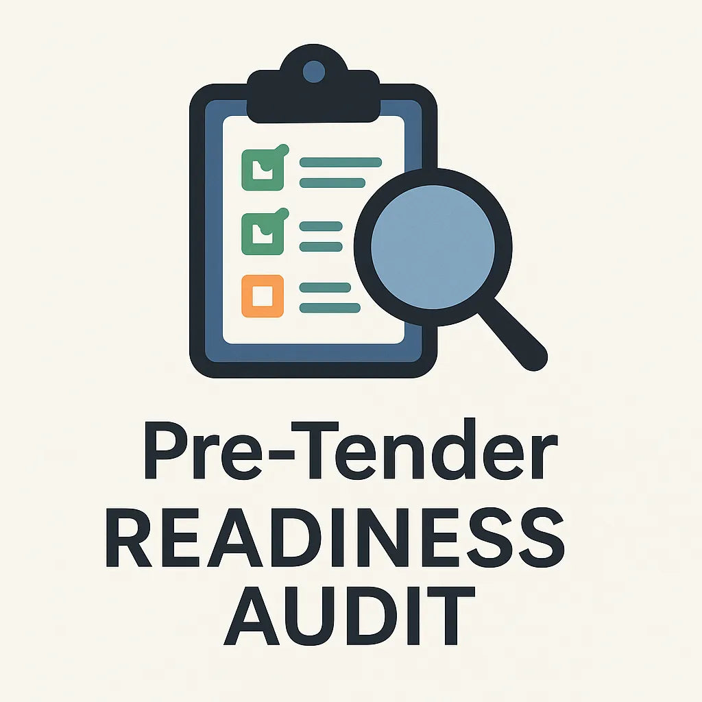 Icon of a clipboard with a checklist and magnifying glass, accompanied by the text 'Pre-Tender Readiness Audit'.