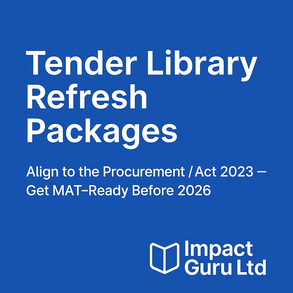 Promotional graphic for 'Tender Library Refresh Packages' by Impact Guru Ltd on a blue background.