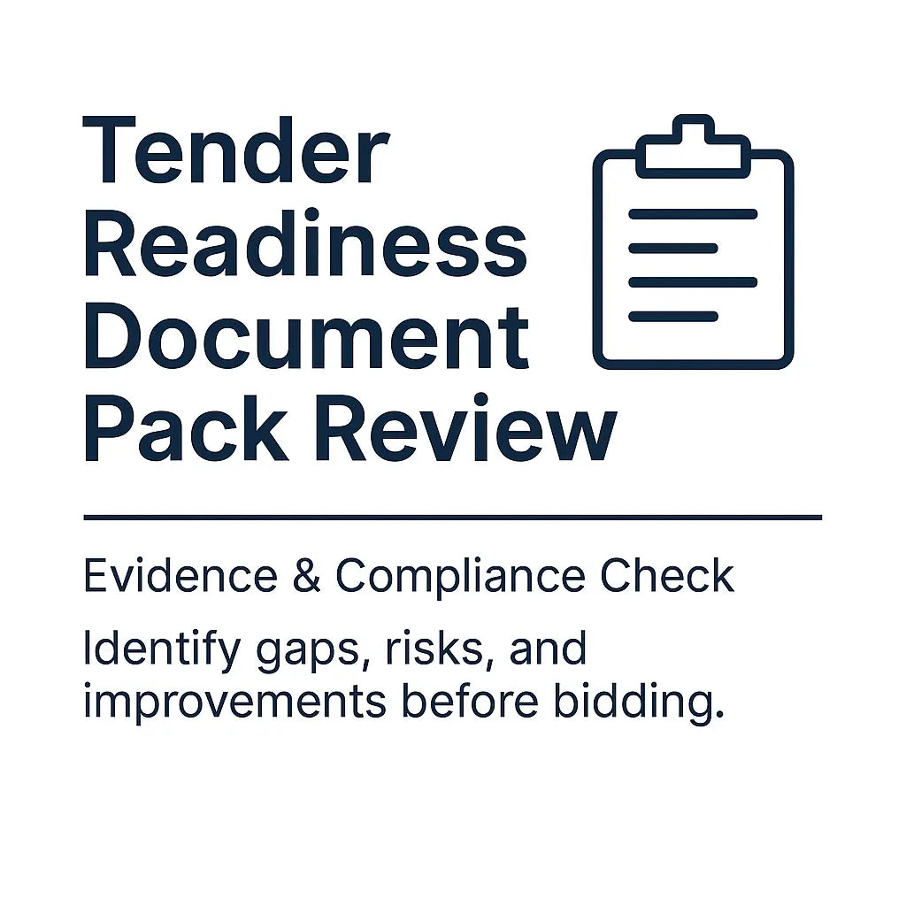Text and icon for 'Tender Readiness Document Pack Review' on a white background